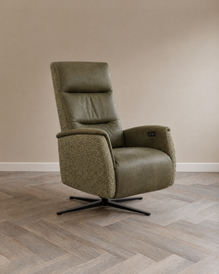 Relaxxx Salvia – elektrische relaxfauteuil met sta-op functie in olijfgroene leerlook en structuurstof